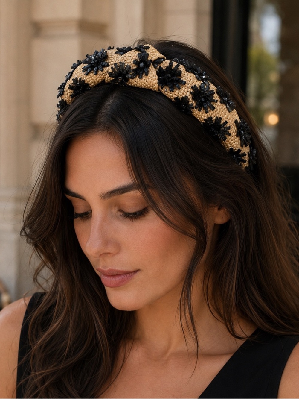 Anthropologie Tan Woven Headband with Black Floral Beads